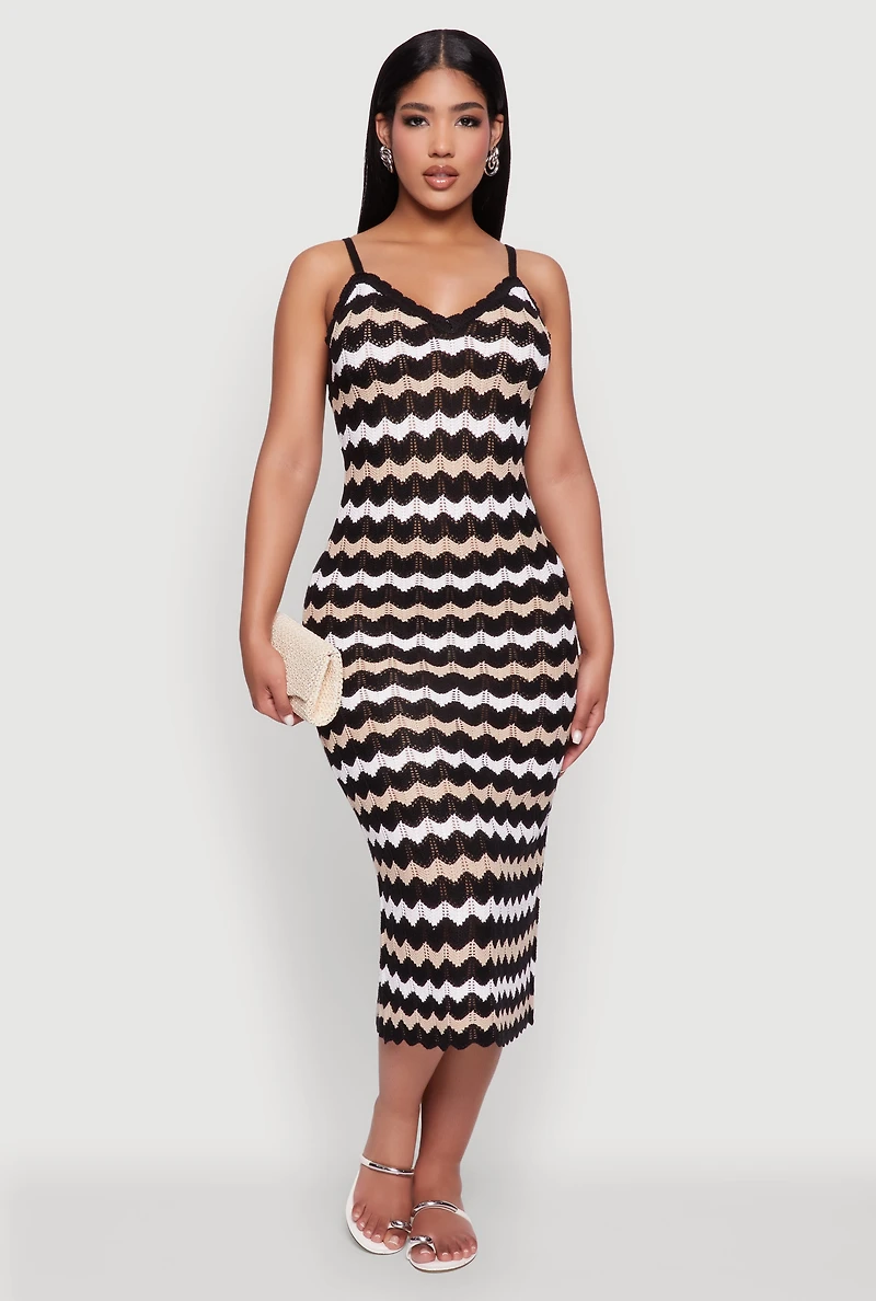 Womens Madden Girl Wavy Striped V Neck Sleeveless Crochet Cami Dress, Multi, Size S