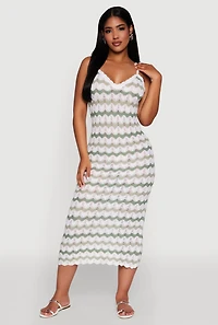 Womens Madden Girl Wavy Striped V Neck Sleeveless Crochet Cami Dress, Green, Size M