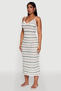 Womens Madden Girl Wavy Striped V Neck Sleeveless Crochet Cami Dress, Green, Size M