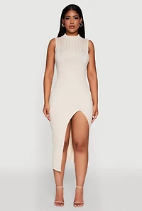 Womens Madden Girl Sleeveless Bodycon Dress with Mock Neck and Side Slit, Beige, Size M