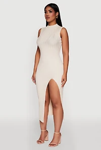 Womens Madden Girl Sleeveless Bodycon Dress with Mock Neck and Side Slit, Beige, Size M