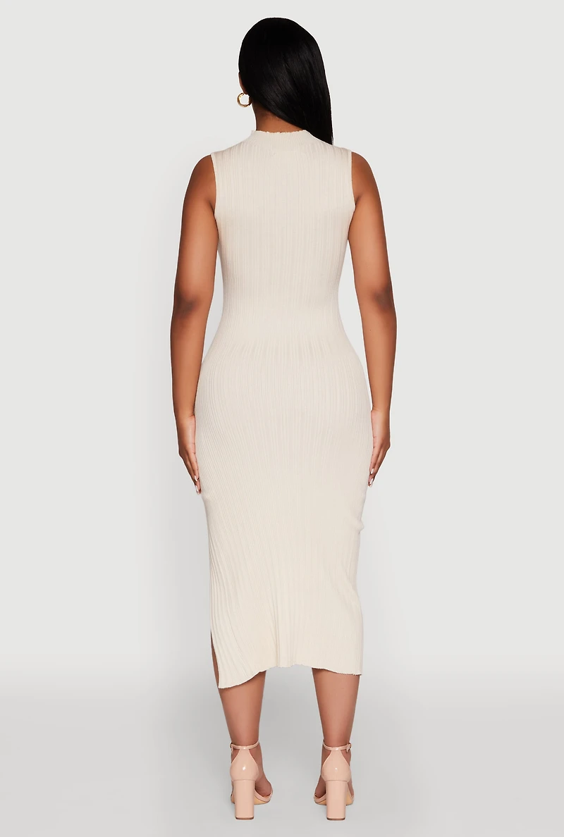 Womens Madden Girl Sleeveless Bodycon Dress with Mock Neck and Side Slit, Beige, Size M