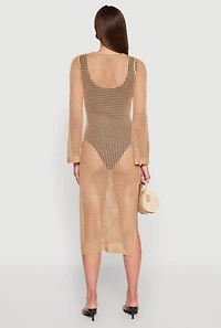 Womens Almost Famous Crochet Side Slit Maxi Dress, Beige,