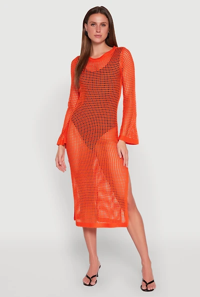 Womens Almost Famous Crochet Side Slit Maxi Dress, Orange, Size S