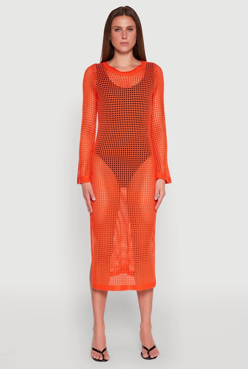 Womens Almost Famous Crochet Side Slit Maxi Dress, Orange, Size L