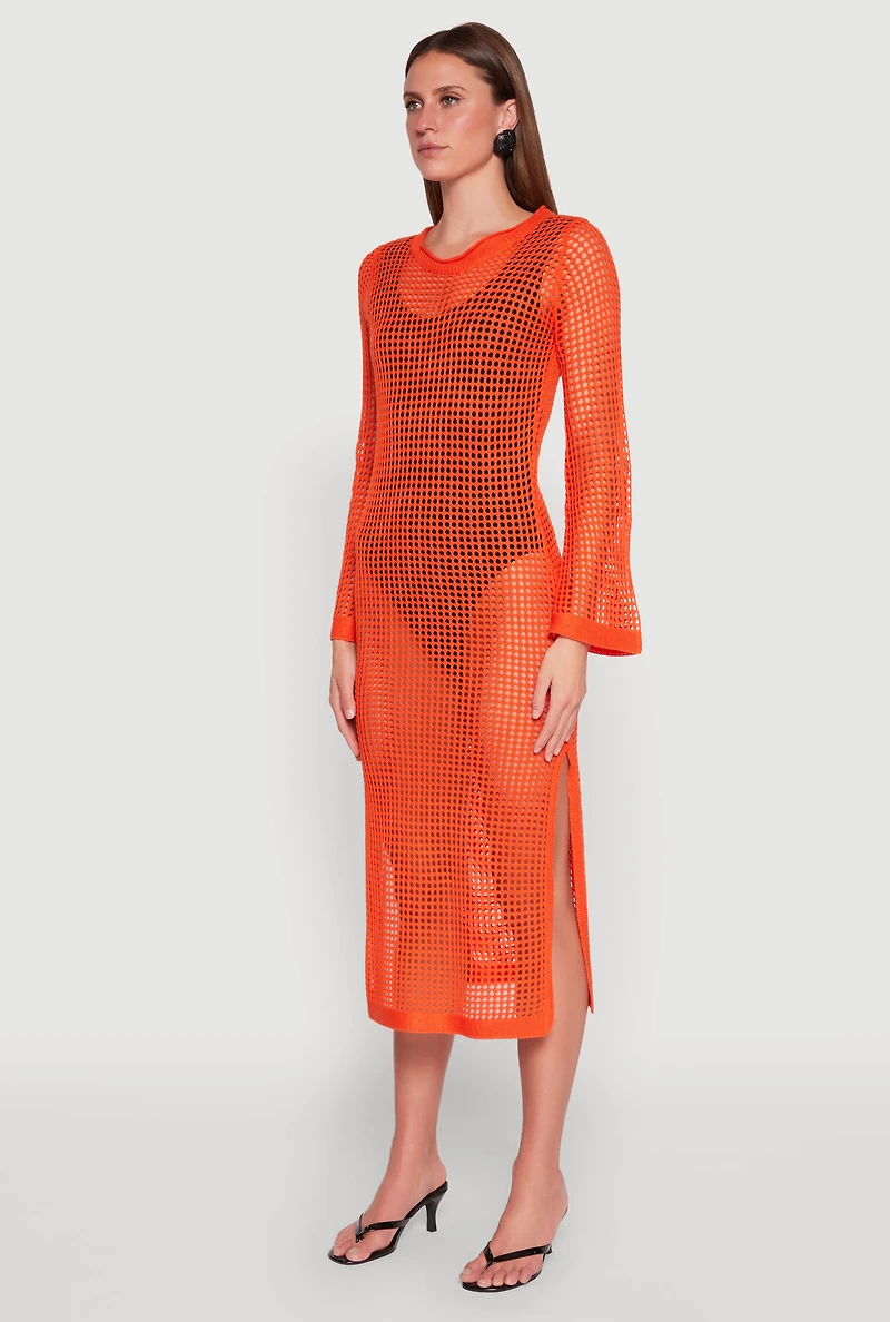 Womens Almost Famous Crochet Side Slit Maxi Dress, Orange, Size L