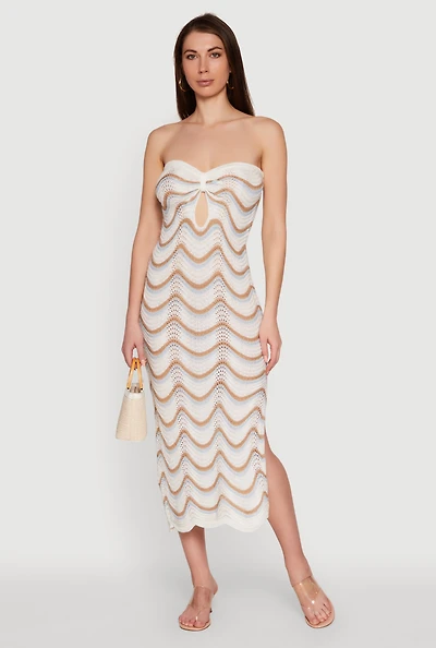 Womens Madden Girl Pointelle Knit Strapless Tube Dress with Side Slit, Multi,