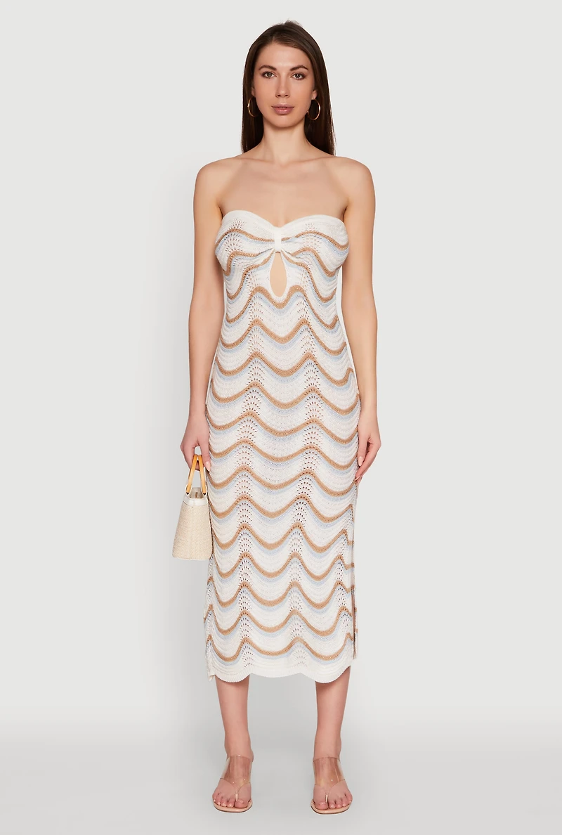 Womens Madden Girl Pointelle Knit Strapless Tube Dress with Side Slit, Multi, Size L