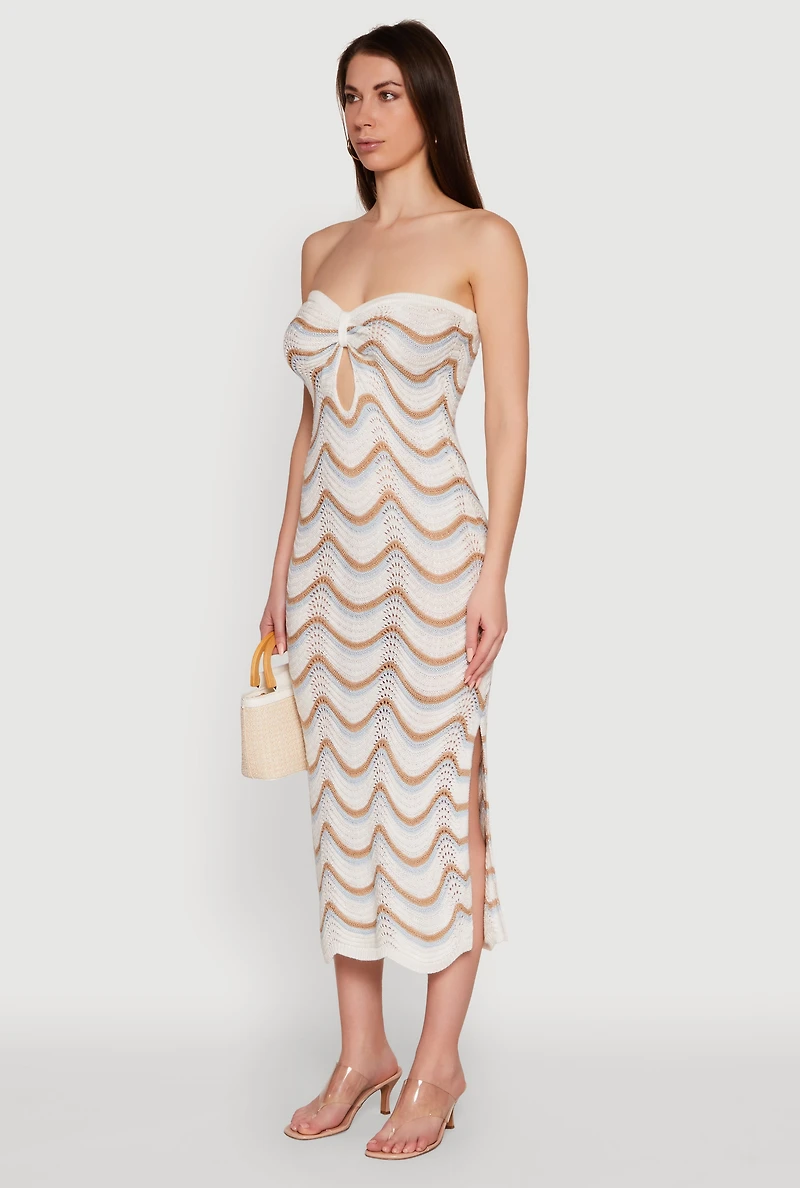 Womens Madden Girl Pointelle Knit Strapless Tube Dress with Side Slit, Multi, Size L