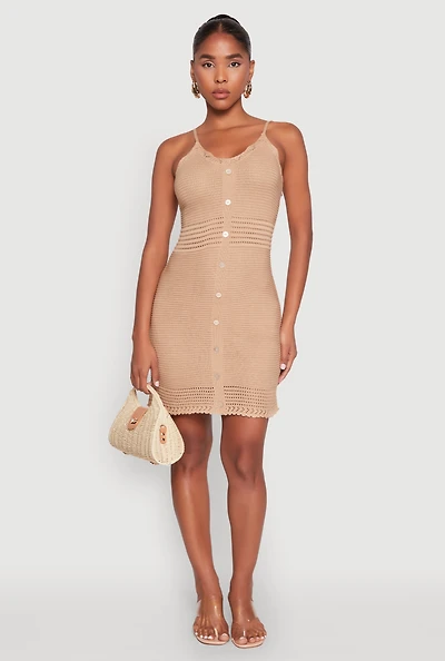 Womens Almost Famous Scalloped Pointelle Knit Cami Dress, Beige, Size S
