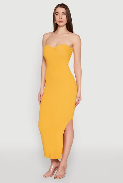 Womens Side Slit Maxi Tube Dress, Yellow, Size XS
