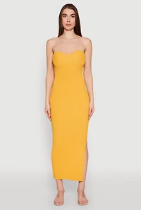Womens Side Slit Maxi Tube Dress, Yellow, Size XS