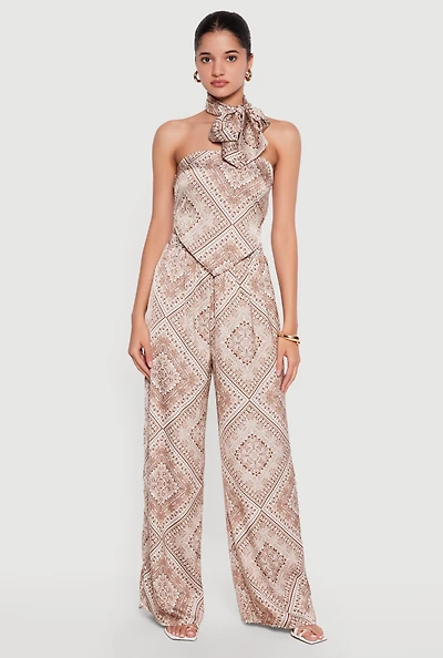 Satin Bandana Print High Waisted Palazzo Pants