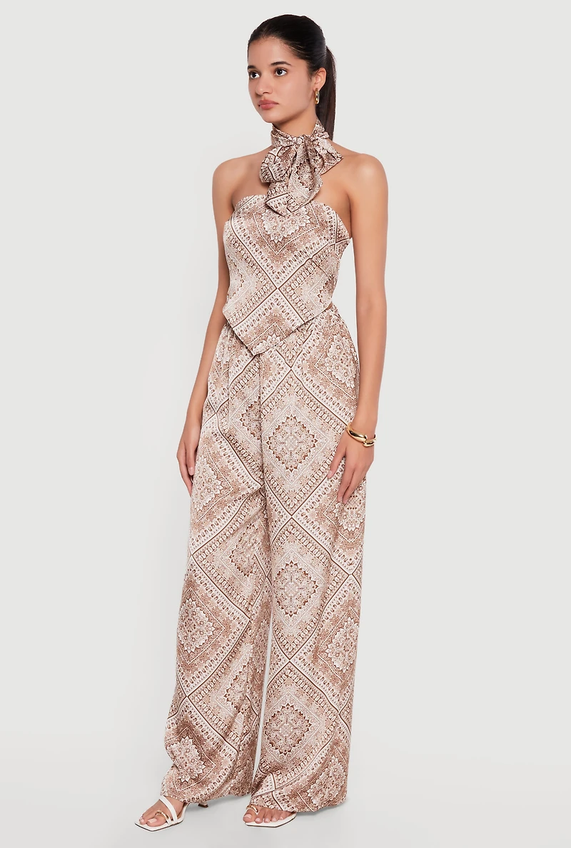 Satin Bandana Print High Waisted Palazzo Pants