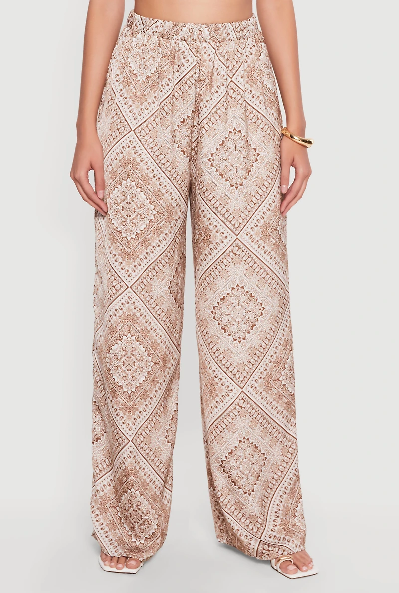 Satin Bandana Print High Waisted Palazzo Pants