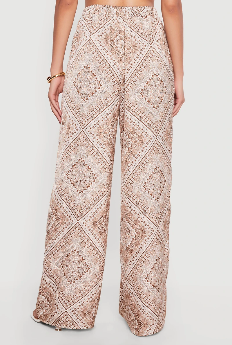 Satin Bandana Print High Waisted Palazzo Pants