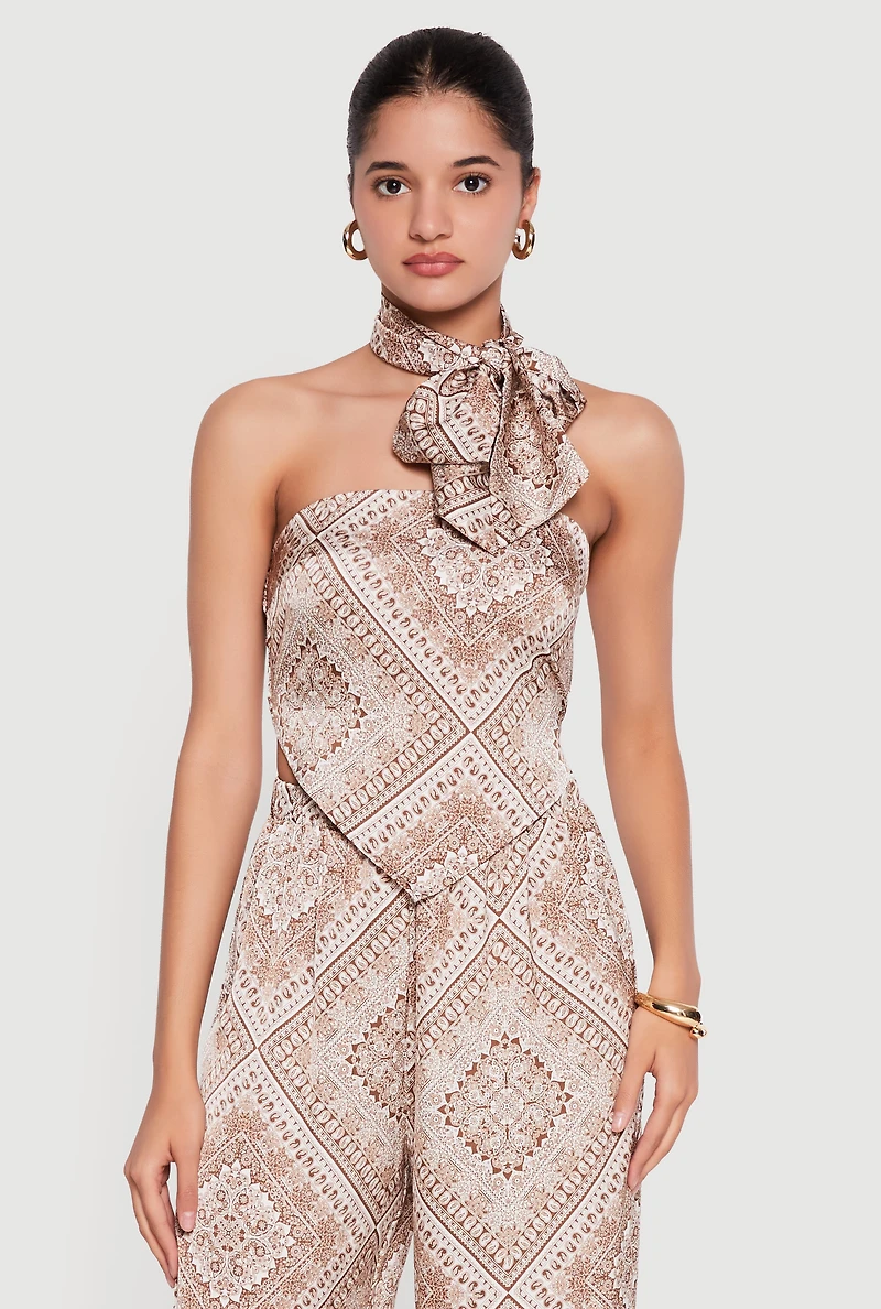 Satin Bandana Print Tube Top with Scarf