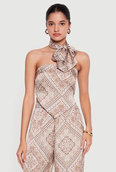 Satin Bandana Print Tube Top with Scarf