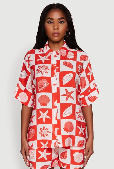 Womens Beach Print Shirt with Short Sleeves and Classic Fit, Red, Size M