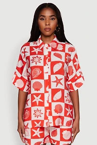 Womens Beach Print Shirt with Short Sleeves and Classic Fit, Red, Size M