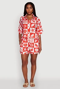 Womens Beach Print Shirt with Short Sleeves and Classic Fit, Red, Size M