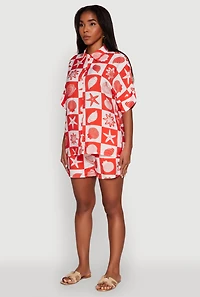 Womens Beach Print Shirt with Short Sleeves and Classic Fit, Red, Size M