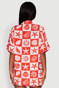 Womens Beach Print Shirt with Short Sleeves and Classic Fit, Red, Size M