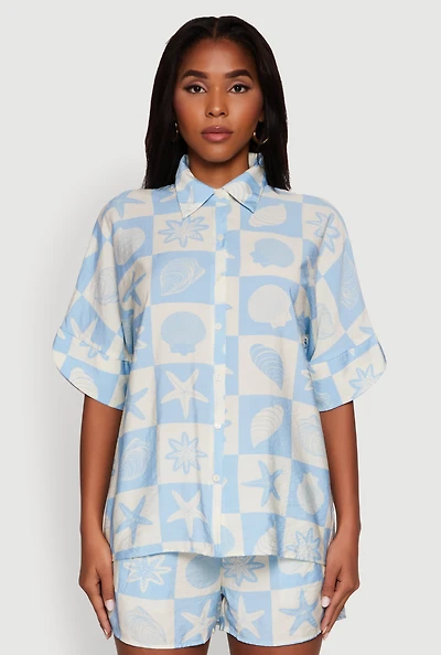 Womens Beach Print Shirt with Short Sleeves and Classic Fit, Blue, Size M