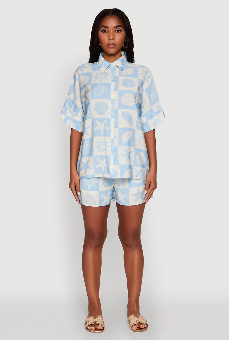 Womens Beach Print Shirt with Short Sleeves and Classic Fit, Blue, Size M