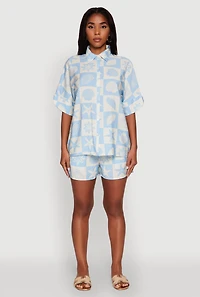 Womens Beach Print Shirt with Short Sleeves and Classic Fit, Blue, Size M