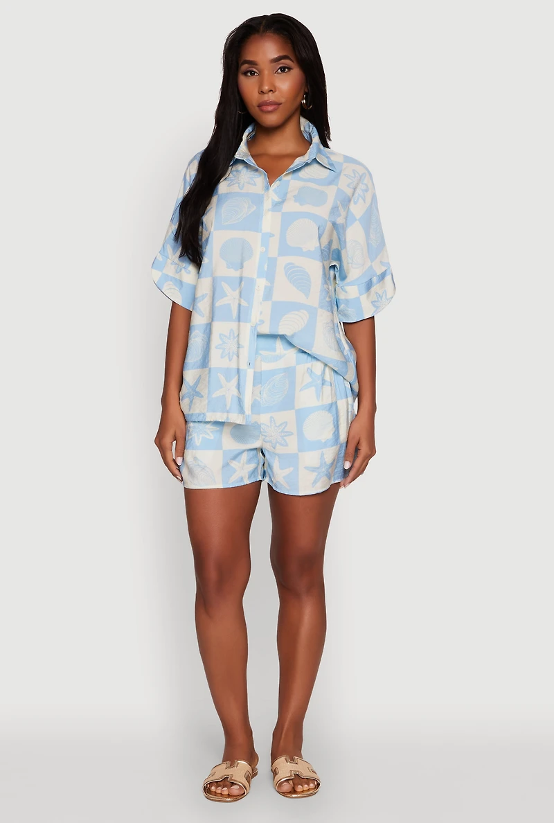 Womens Beach Print Shirt with Short Sleeves and Classic Fit, Blue, Size M