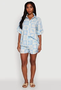 Womens Beach Print Shirt with Short Sleeves and Classic Fit, Blue, Size M