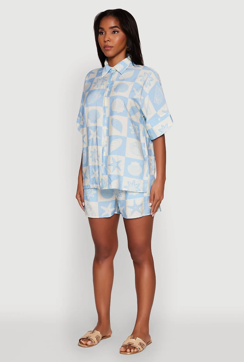 Womens Beach Print Shirt with Short Sleeves and Classic Fit, Blue, Size M