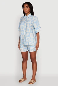 Womens Beach Print Shirt with Short Sleeves and Classic Fit, Blue, Size M