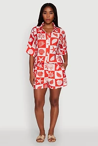 Womens Trendy Crepe Knit High Waisted Beach Print Shorts, Red, Size L