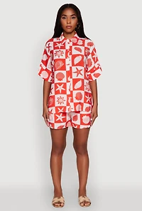 Womens Trendy Crepe Knit High Waisted Beach Print Shorts, Red, Size L
