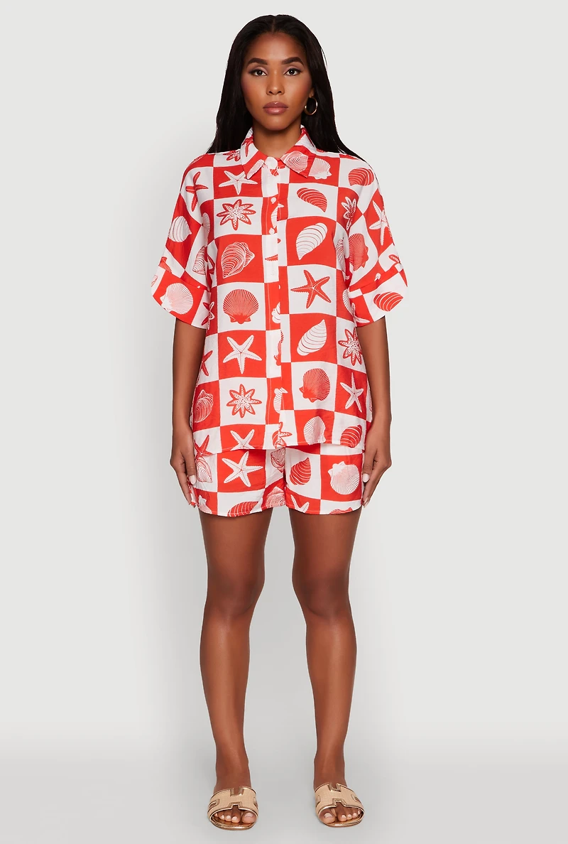 Trendy Crepe Knit High Waisted Beach Print Shorts