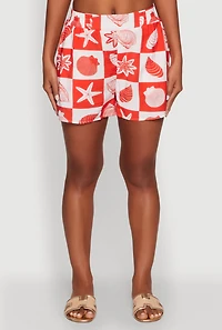 Womens Trendy Crepe Knit High Waisted Beach Print Shorts, Red, Size L