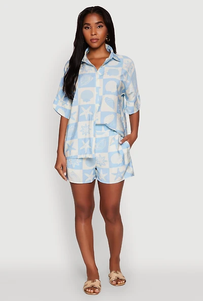 Womens Trendy Crepe Knit High Waisted Beach Print Shorts, Blue, Size S