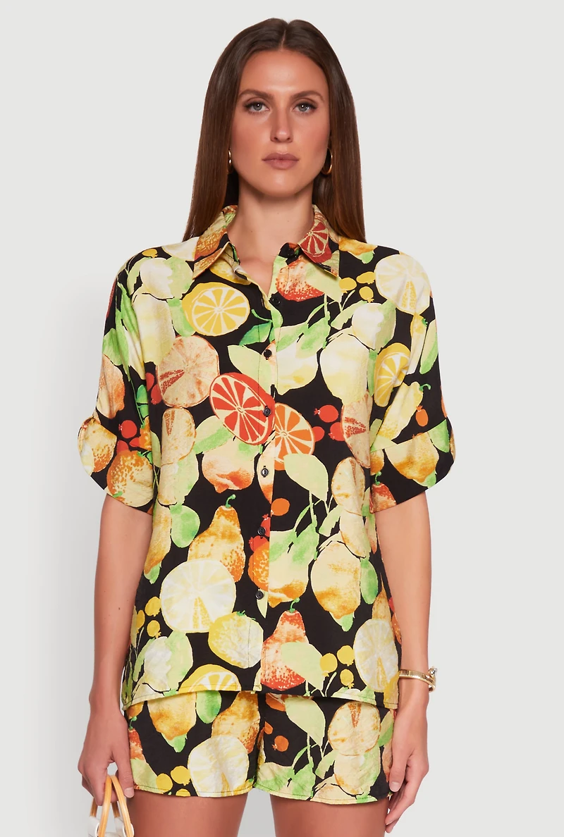 Womens Airy Fruit Print Button Front Shirt, Multi, Size M