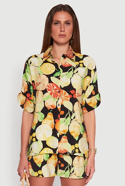 Womens Airy Fruit Print Button Front Shirt, Multi, Size M
