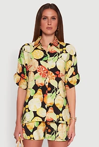 Womens Airy Fruit Print Button Front Shirt, Multi, Size M