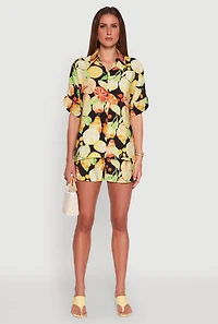 Womens Airy Fruit Print Button Front Shirt, Multi, Size M