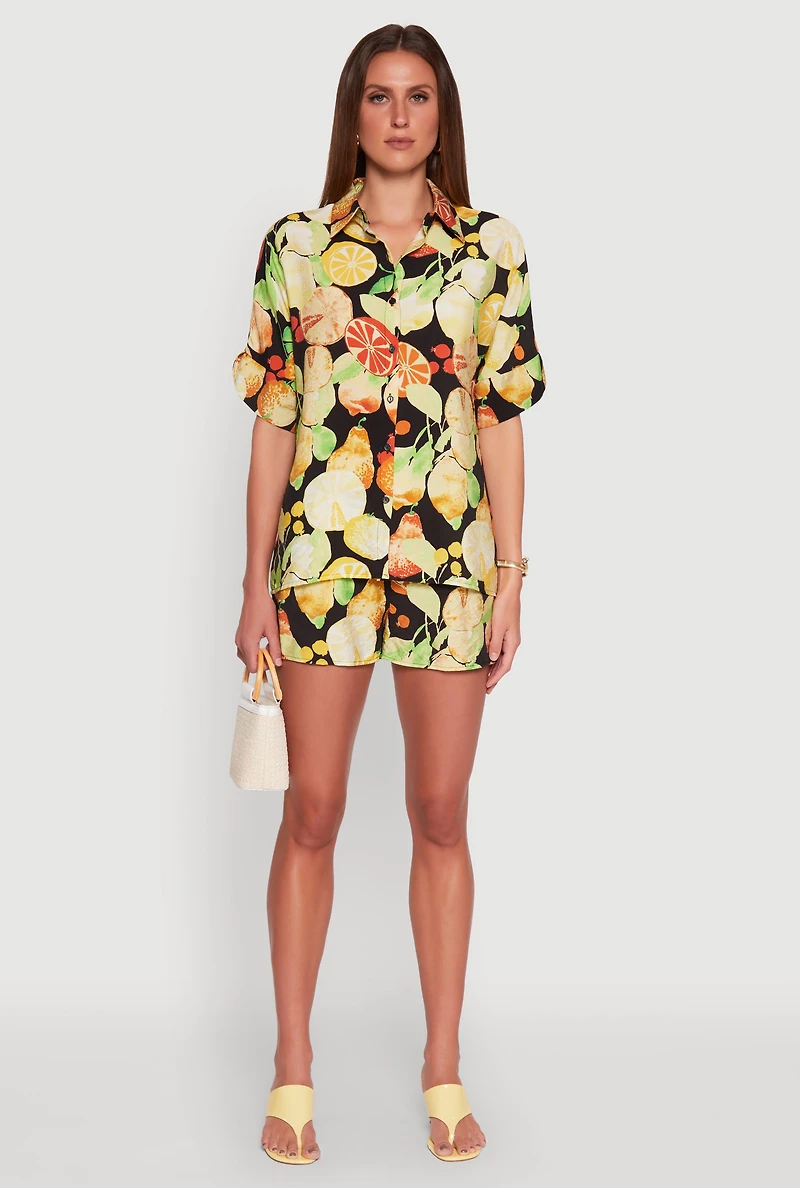 Womens Airy Fruit Print Button Front Shirt, Multi, Size L