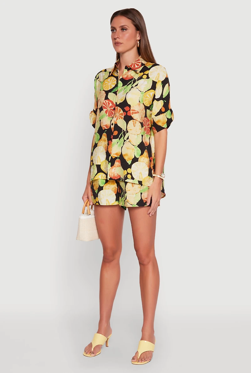 Womens Airy Fruit Print Button Front Shirt, Multi, Size L