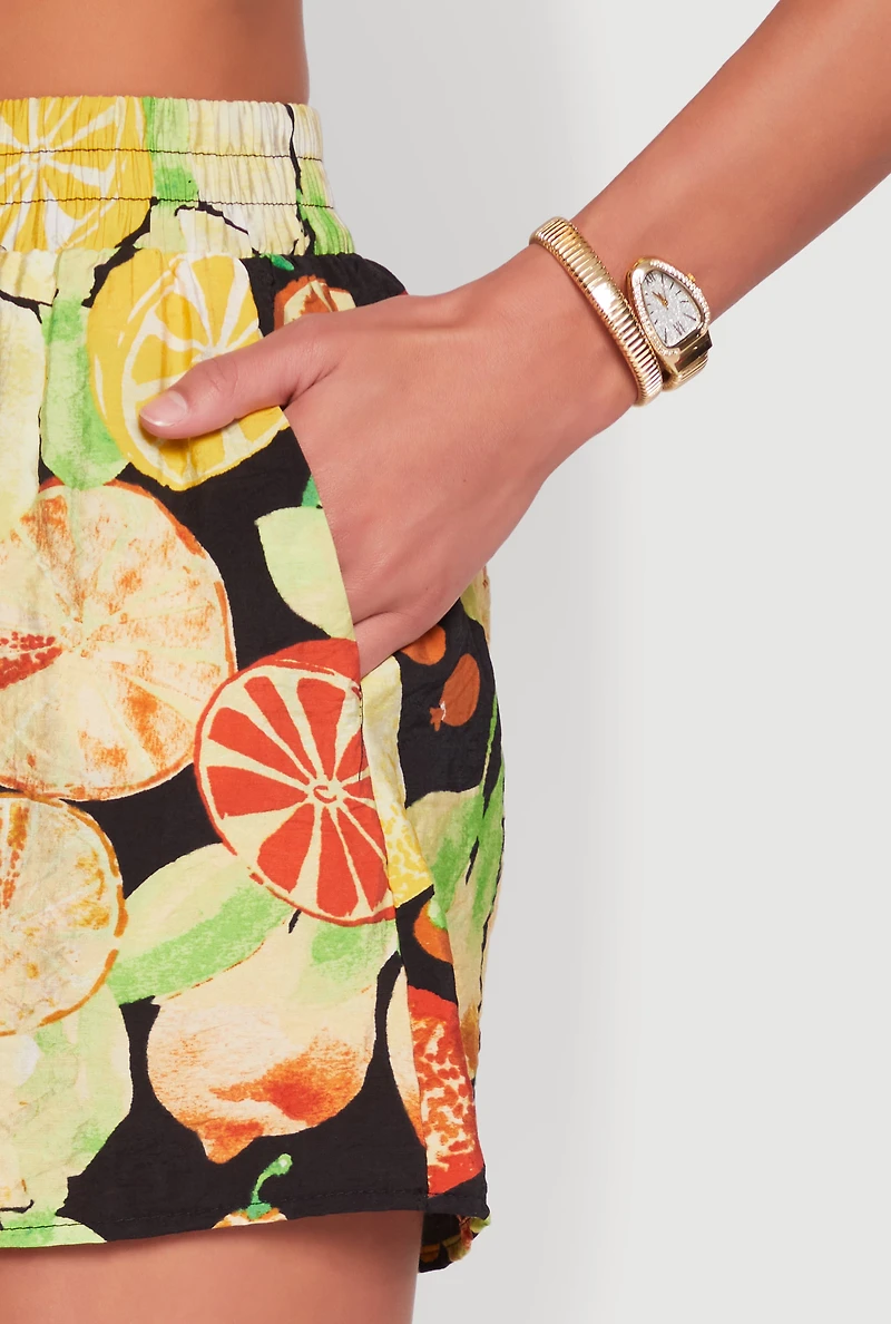 Womens Airy Fruit Print Shorts, Multi, Size L