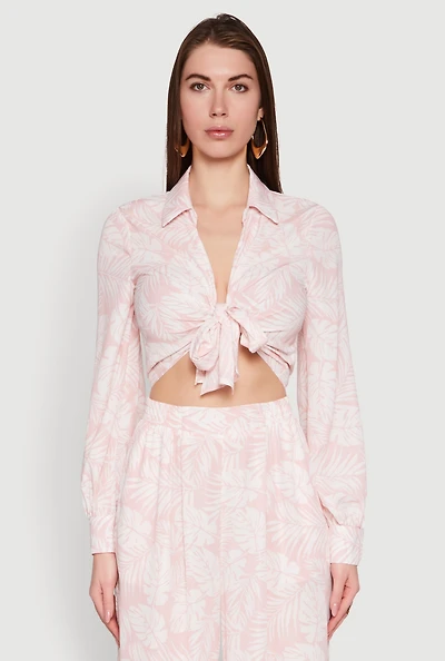Womens Airy Collared Tie Front Blouse, Pink, Size S