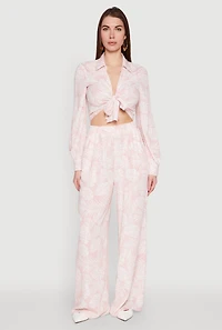 Womens Airy Collared Tie Front Blouse, Pink, Size S