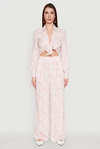 Womens Airy Collared Tie Front Blouse, Pink, Size S
