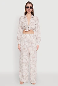 Womens Airy Leaf Print Palazzo Pants, Khaki, Size S